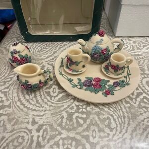 Vintage 1995 Popular Imports Miniature Tea Set Polystone Resin Floral Rose 10pc